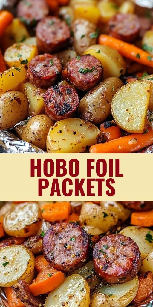 Hobo Foil Packets with vegetables and meat on a grill for outdoor cooking