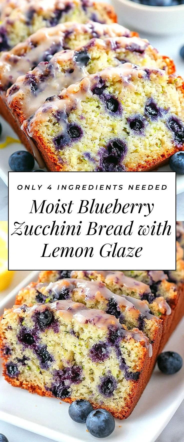 Sliced homemade blueberry zucchini bread topped with lemon glaze