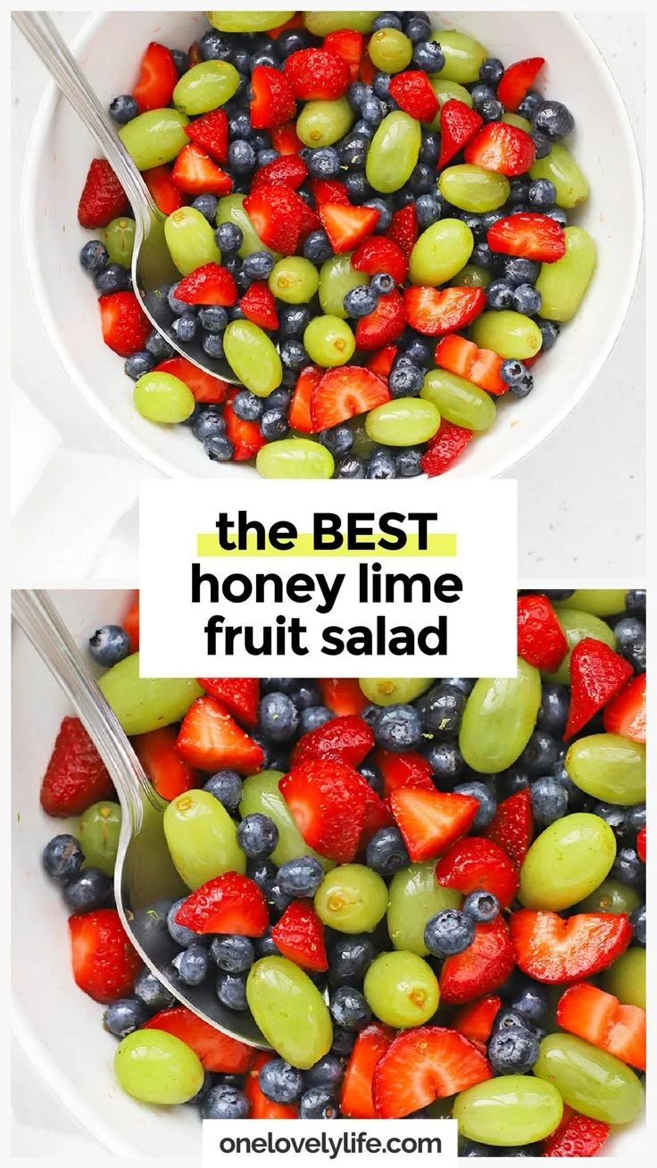 Colorful bowl of honey lime fruit salad with various fresh fruits