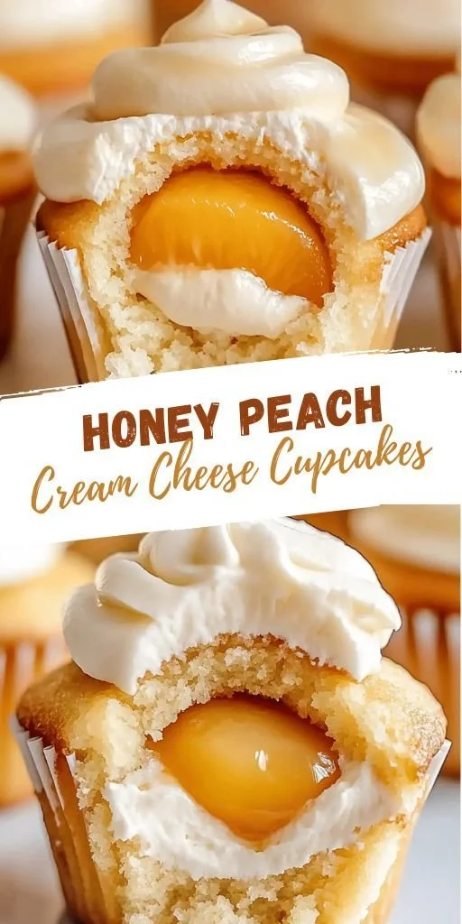 Honey Peach Cream Cheese Cupcakes topped with fresh peach slices and cream cheese frosting.