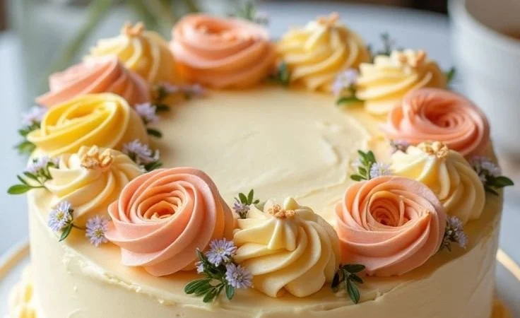 Lemon Butter Cake 5 Slice of moist Lemon Butter Cake on a plate with lemon slices and buttercream