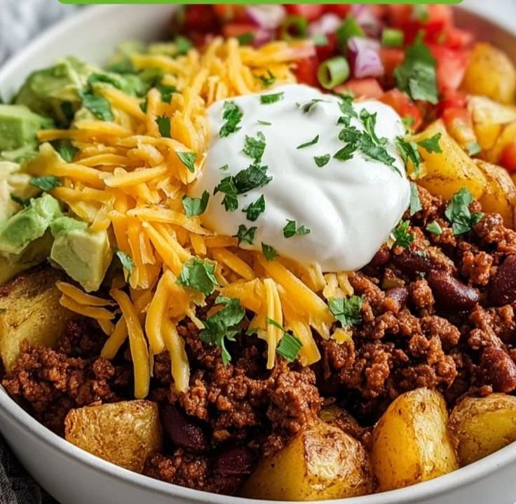 Loaded Potato Taco Bowl topped with fresh ingredients and spices