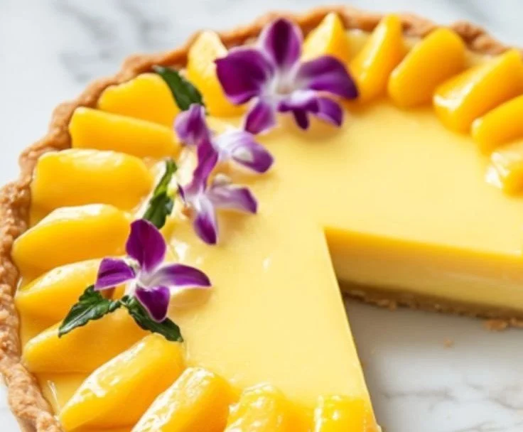 Delicious Mango Curd Tart with creamy mango filling on a flaky crust
