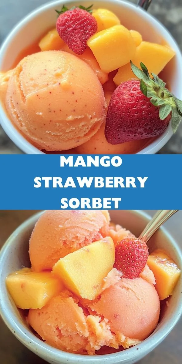 A bowl of Mango Strawberry Sorbet garnished with fresh strawberries and mango slices.