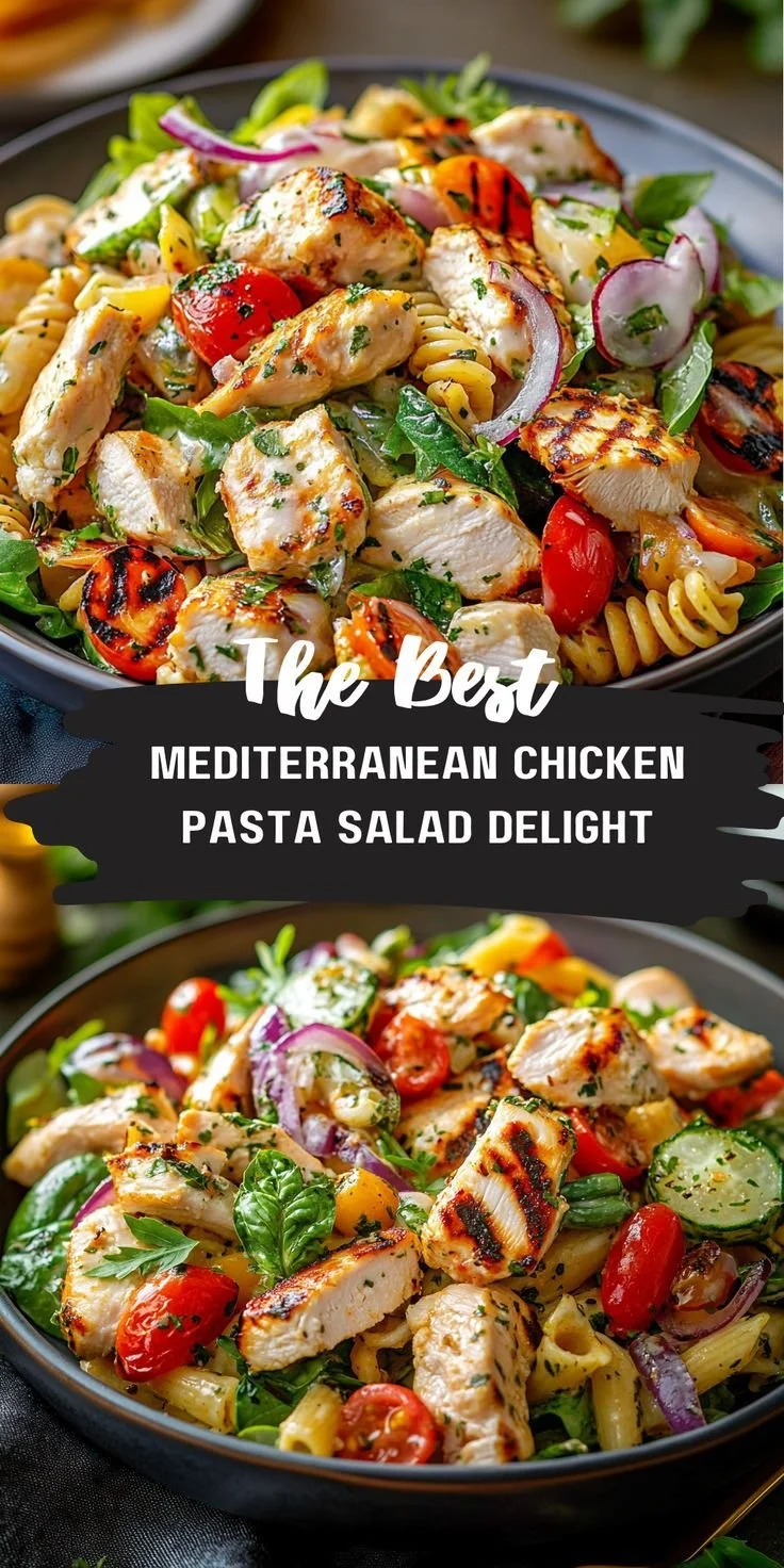 Mediterranean Chicken Pasta Salad with fresh vegetables and grilled chicken