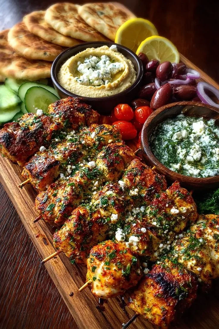Mediterranean Chicken Skewers served with a colorful mezze tray