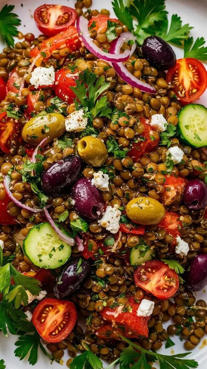 Colorful Mediterranean Lentil Salad with fresh vegetables and herbs