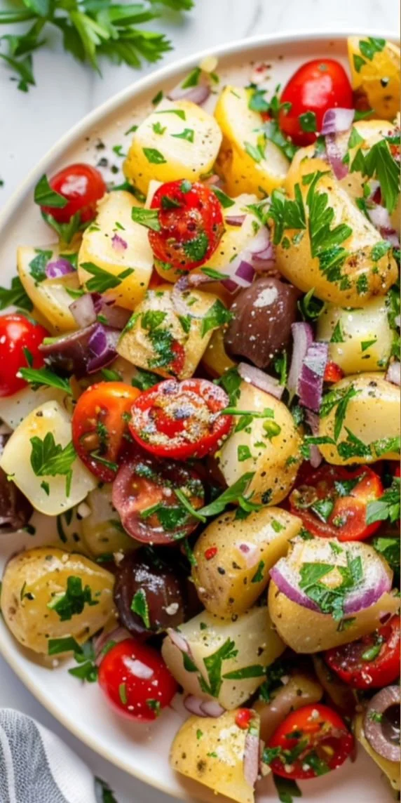 Delicious Mediterranean potato salad with olives, feta cheese, and fresh herbs