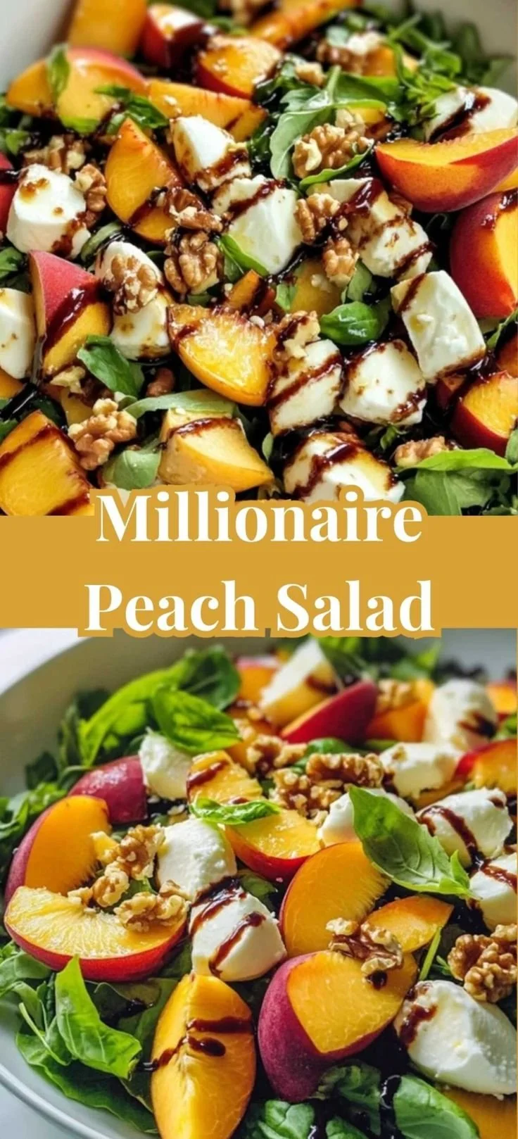 A vibrant bowl of Millionaire Peach Salad featuring fresh peaches, greens, and toppings.