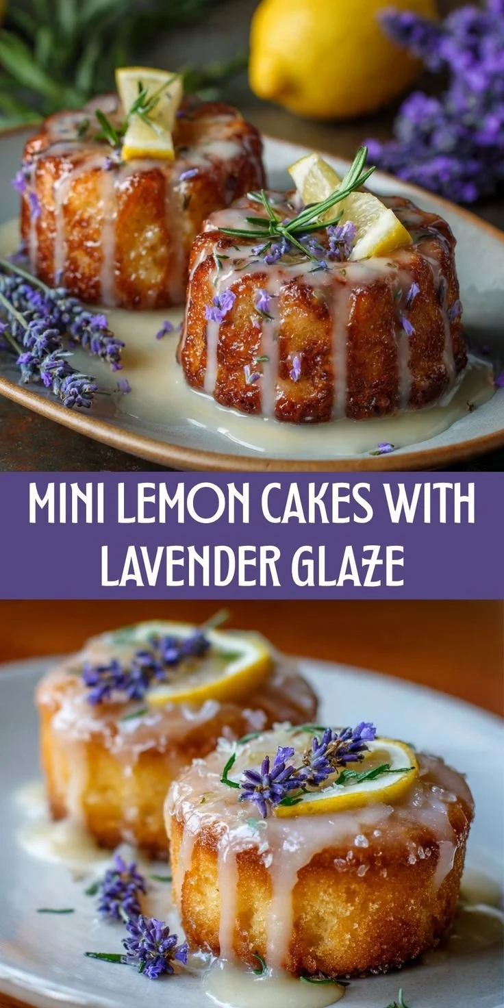 Mini lemon cakes topped with lavender glaze for a refreshing dessert
