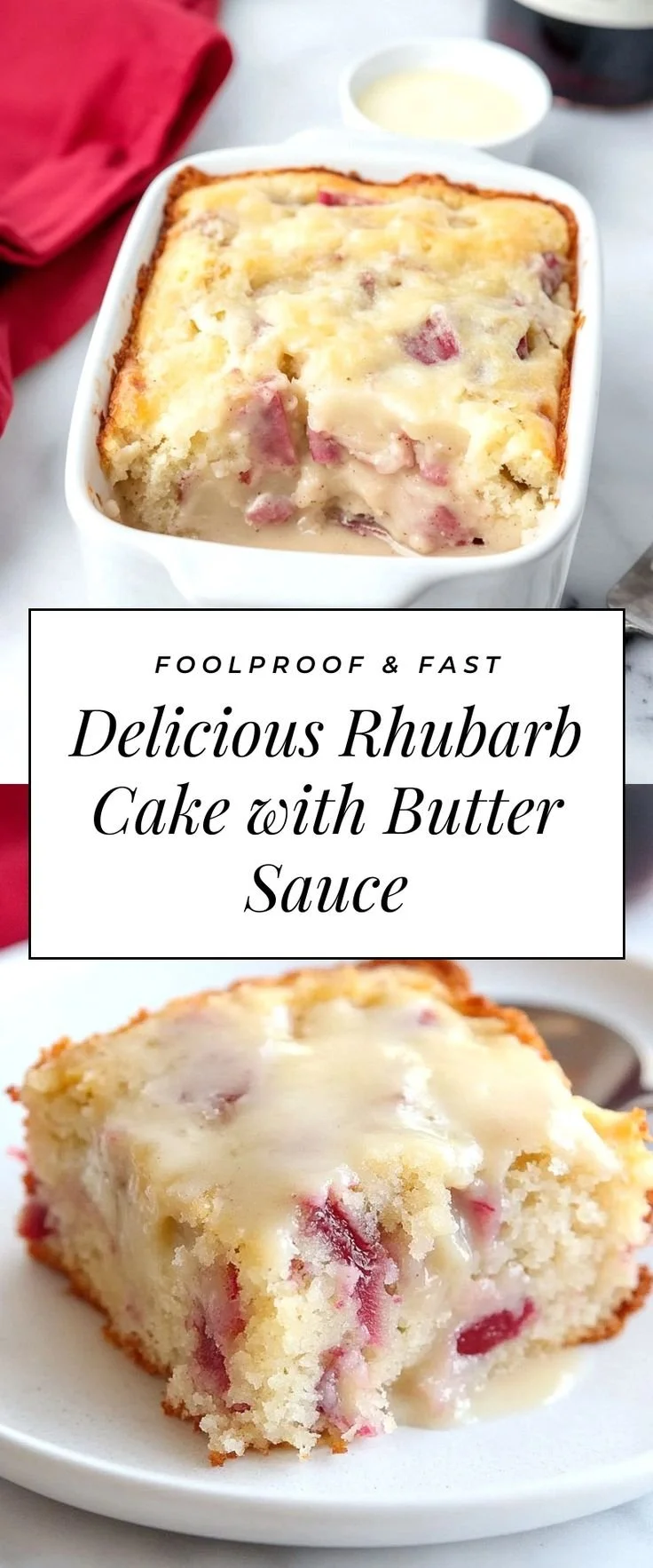 Moist rhubarb cake topped with delicious butter sauce on a plate
