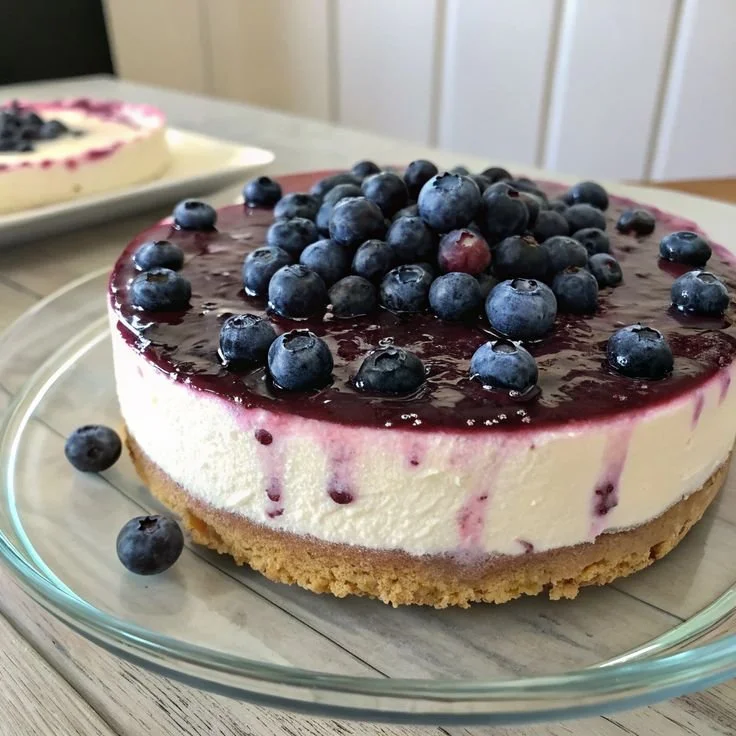 No Bake Blueberry Cheesecake topped with fresh blueberries and creamy filling.