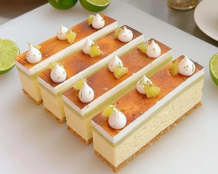 Delicious no-bake lime cheesecake topped with lime slices and mint leaves