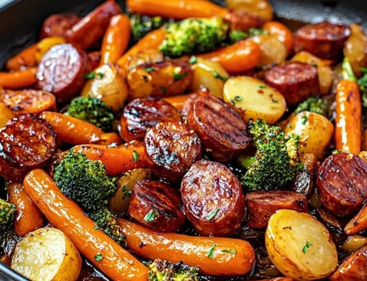 One-Pan Honey Garlic Kielbasa with colorful vegetables in a skillet
