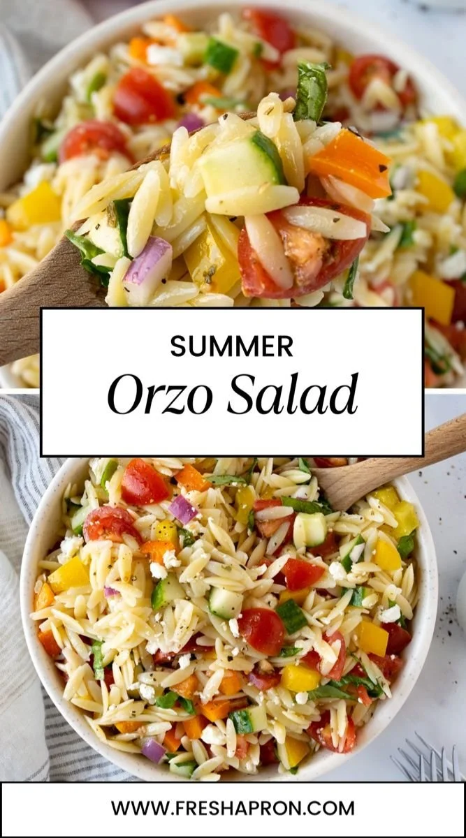 Colorful orzo salad with vegetables and herbs in a bowl
