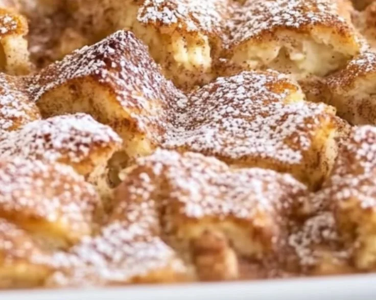 Delicious Overnight French Toast Casserole topped with syrup and berries