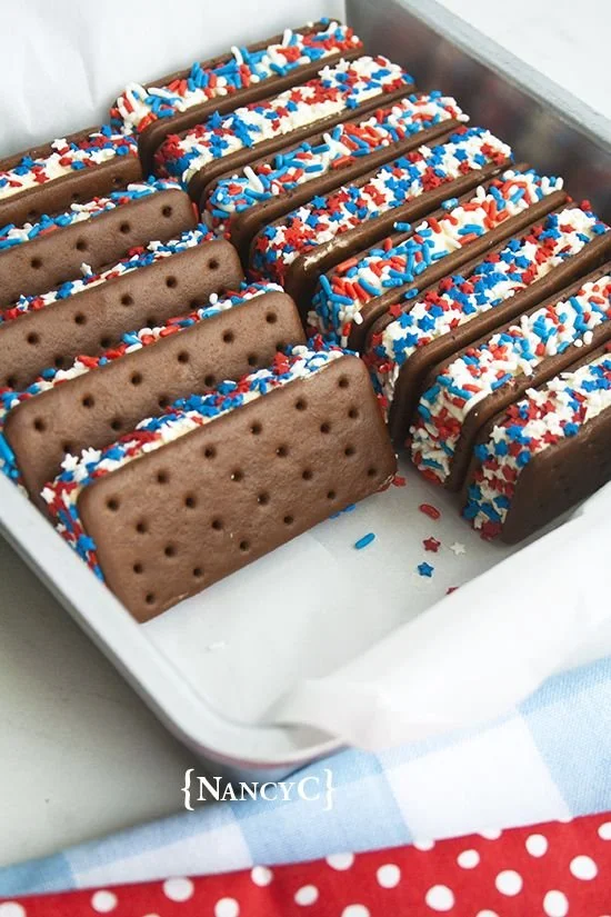 Patriotic ice cream sandwiches featuring red, white, and blue colors.