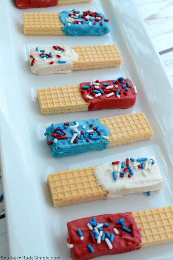 Patriotic Sugar Wafers in red, white, and blue packaging for festive occasions