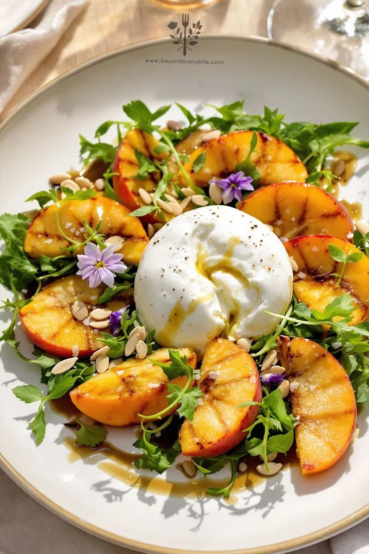 Fresh Peach Burrata Salad with arugula and balsamic glaze