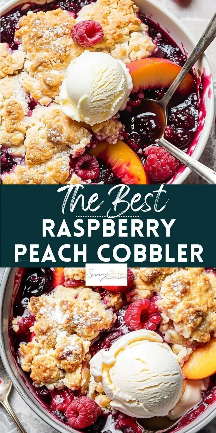 Delicious Peach Raspberry Cobbler dessert served warm with ice cream.
