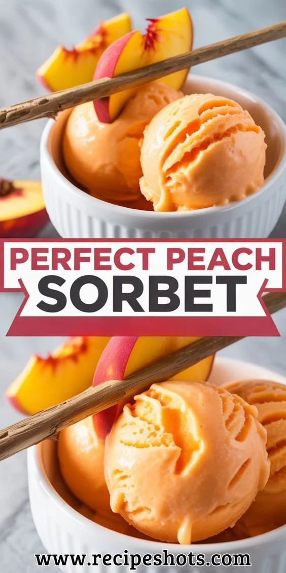 Bowl of refreshing peach sorbet garnished with mint leaves