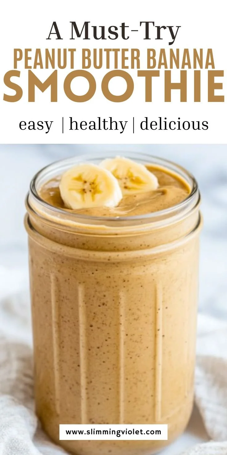 Delicious Peanut Butter Banana Smoothie served in a glass with a banana slice