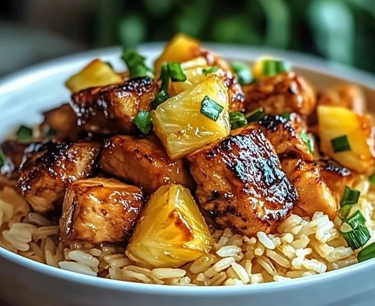 Delicious Pineapple Chicken and Rice served in a colorful bowl