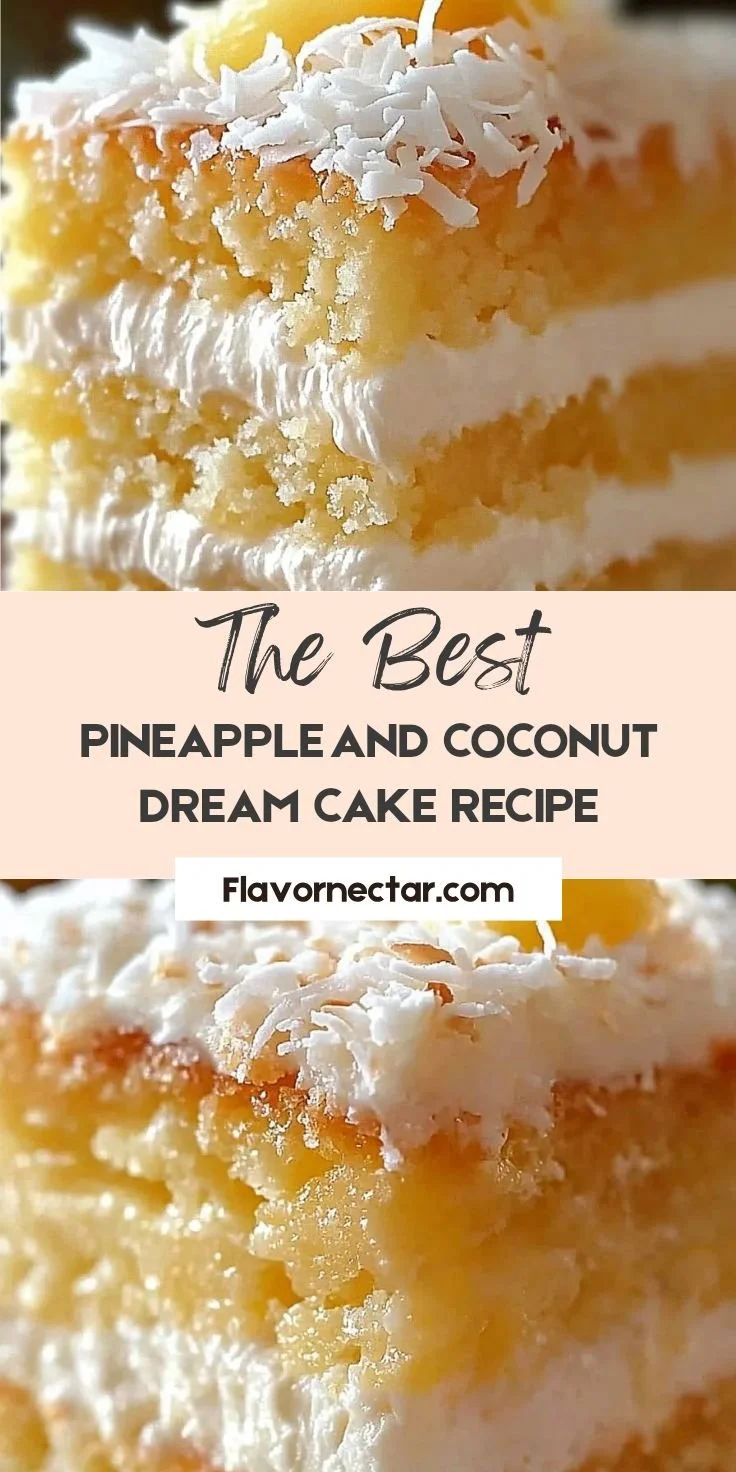 Pineapple Coconut Cake topped with fresh coconut and pineapple slices