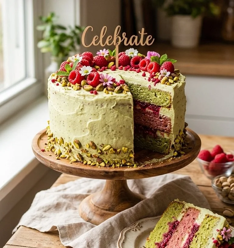 Deliciously vibrant Pistachio Raspberry Cake decorated with fresh raspberries and pistachios.