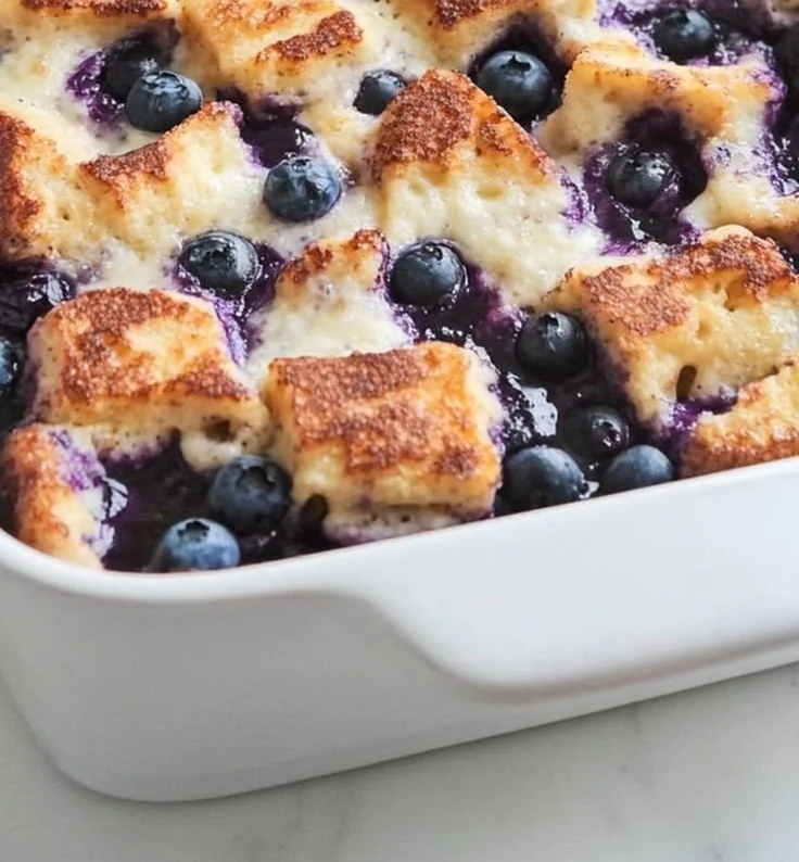 Quick blueberry French toast casserole topped with fresh blueberries and syrup