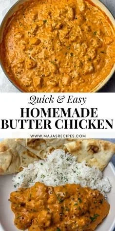 Delicious homemade butter chicken served with rice and naan bread.