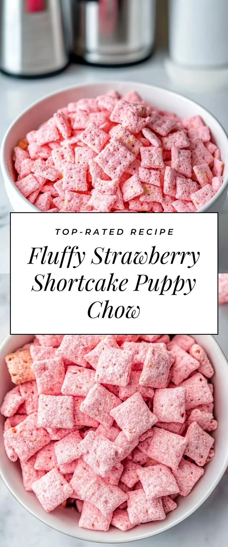 Quick strawberry shortcake puppy chow dessert in a bowl