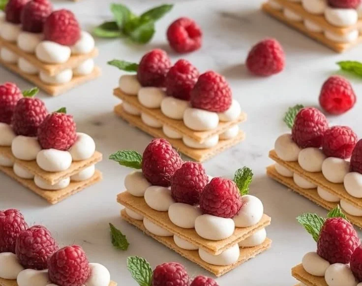 Delicious Raspberry Cream Napoleons with layers of pastry and raspberry cream