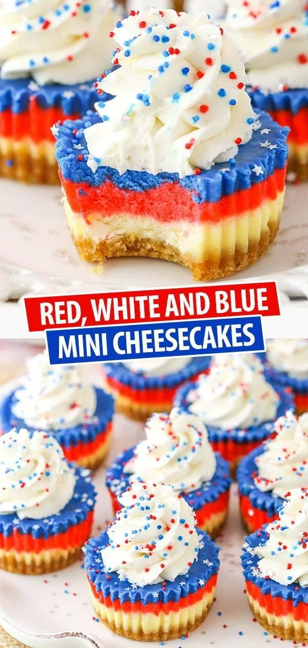 Red, White and Blue Mini Cheesecakes 3 Red, White and Blue mini cheesecakes topped with berries for a festive dessert
