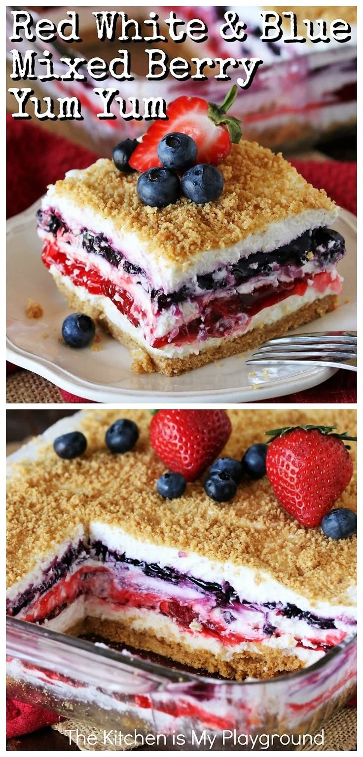 Delicious red, white, and blue mixed berry dessert served in a bowl