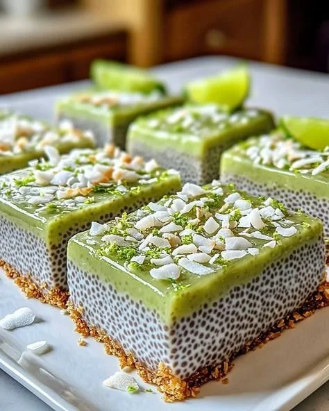 Refreshing No-Bake Chia Pudding Bars with Zesty Coconut Lime Flavor 5 No-bake chia pudding bars with coconut lime flavor on a white plate