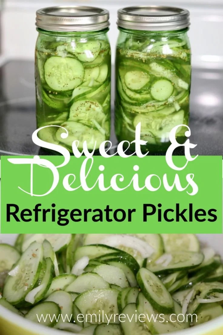 Homemade refrigerator pickles in a glass jar with fresh herbs and spices.
