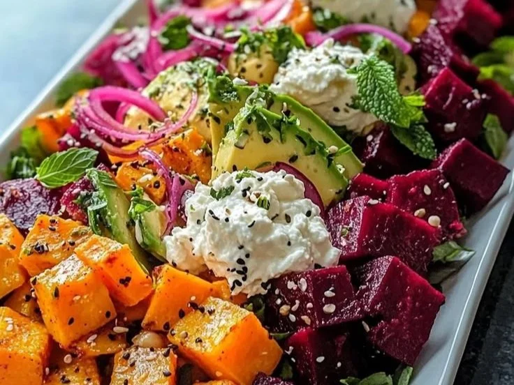 Roasted beet and avocado salad with sweet potatoes and whipped ricotta on a plate