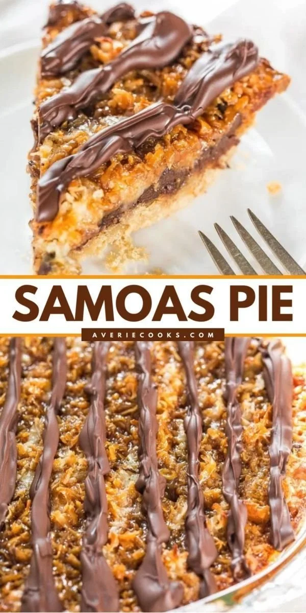Delicious Samoa Pie topped with chocolate, coconut, and caramel.
