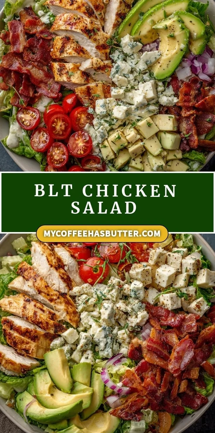 Savory BLT chicken salad with fresh lettuce, bacon, tomatoes, and grilled chicken