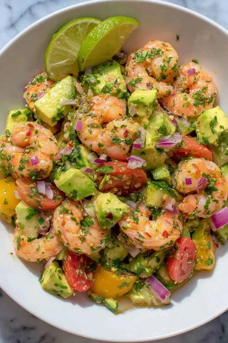 Plate of vibrant shrimp salad with vegetables and dressing