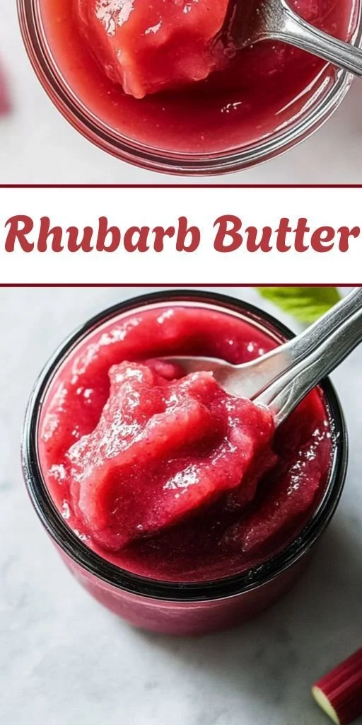 A jar of homemade rhubarb butter with fresh rhubarb stalks beside it.