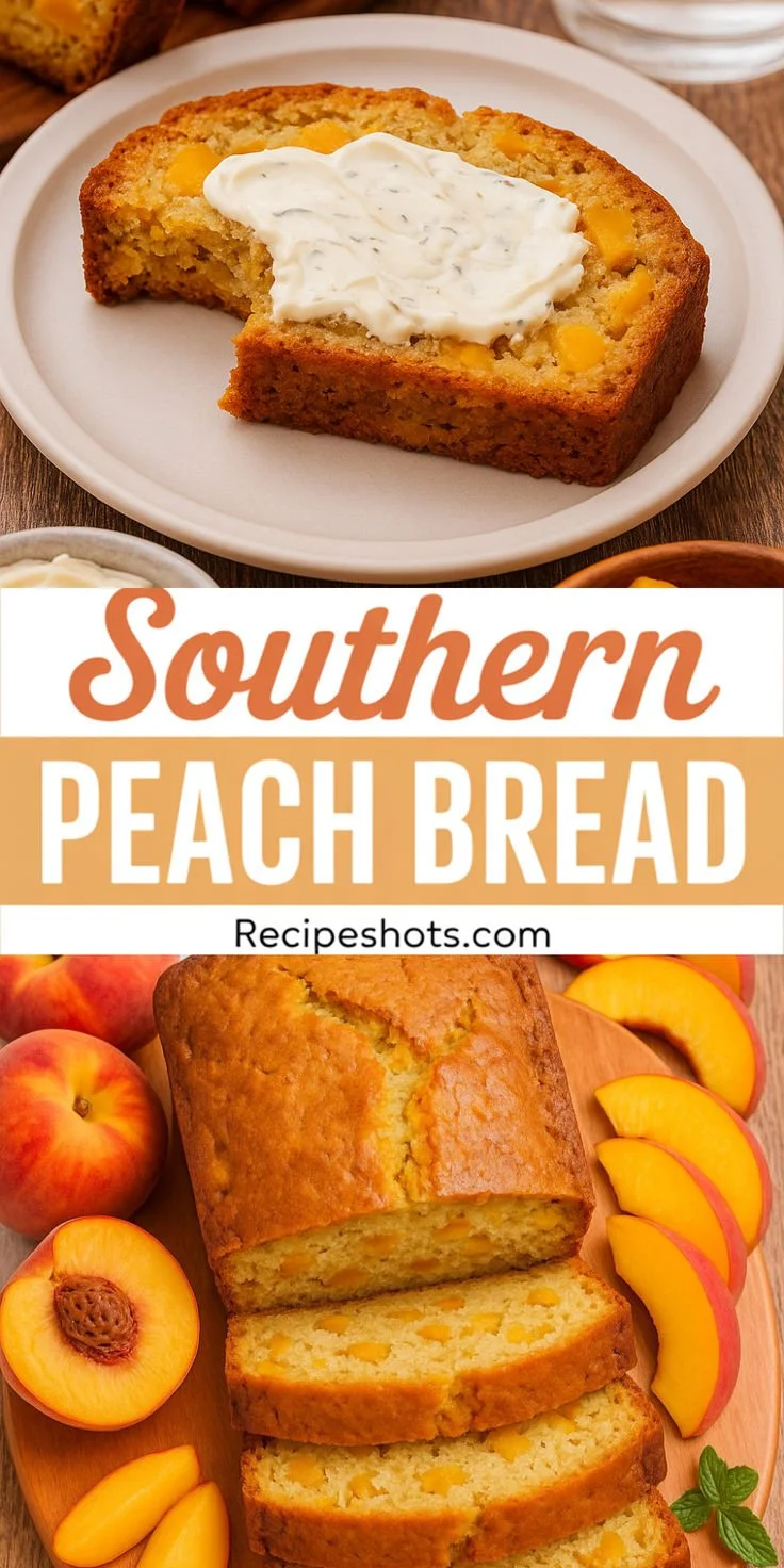 Freshly baked Southern Peach Bread with slices showcasing juicy peaches.