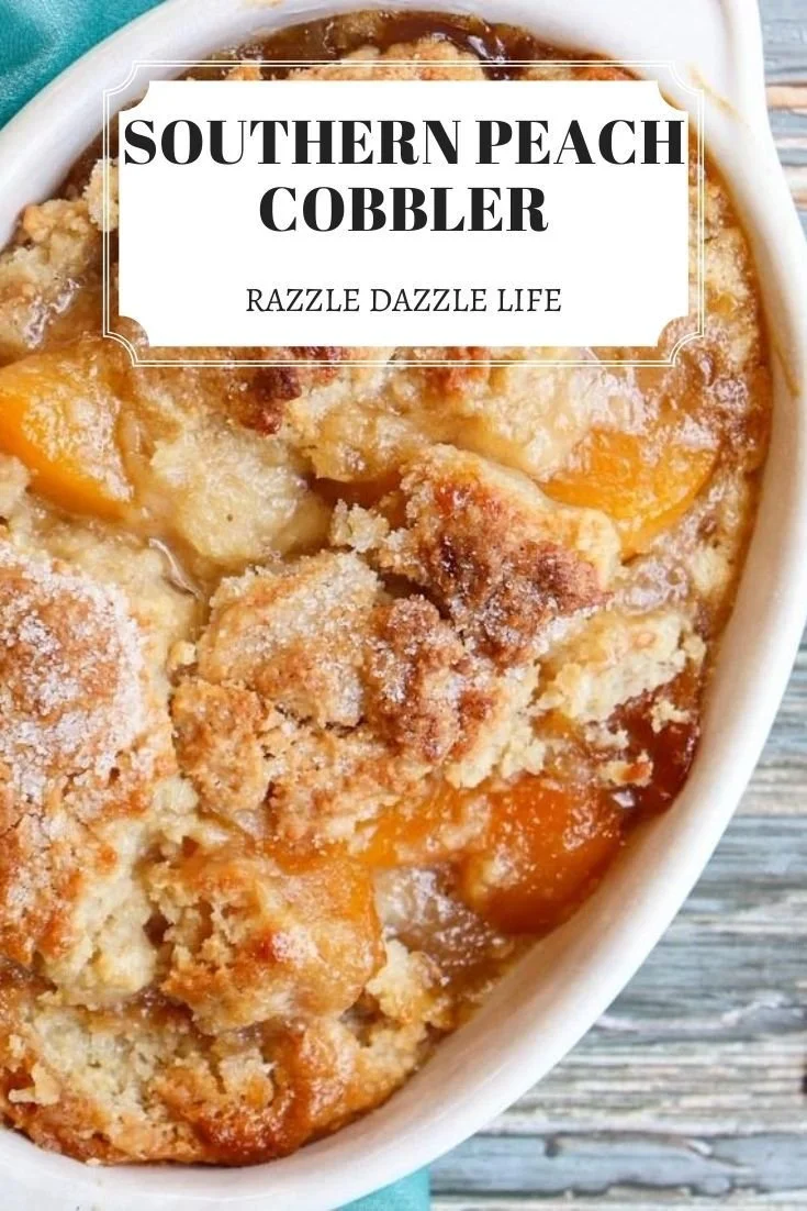 Delicious Southern peach cobbler fresh out of the oven, served in a pie dish.