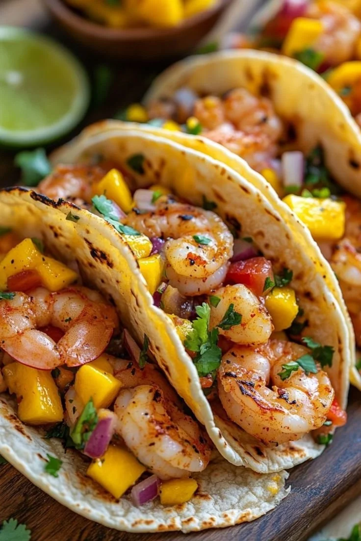 Spicy shrimp tacos garnished with vibrant mango salsa on a plate