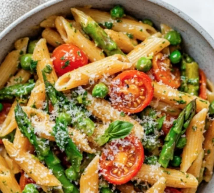 A bowl of colorful Spring Vegetable Pasta with fresh seasonal vegetables.