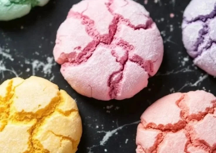 Springtime Crinkle Cookies fresh out of the oven, coated in powdered sugar.