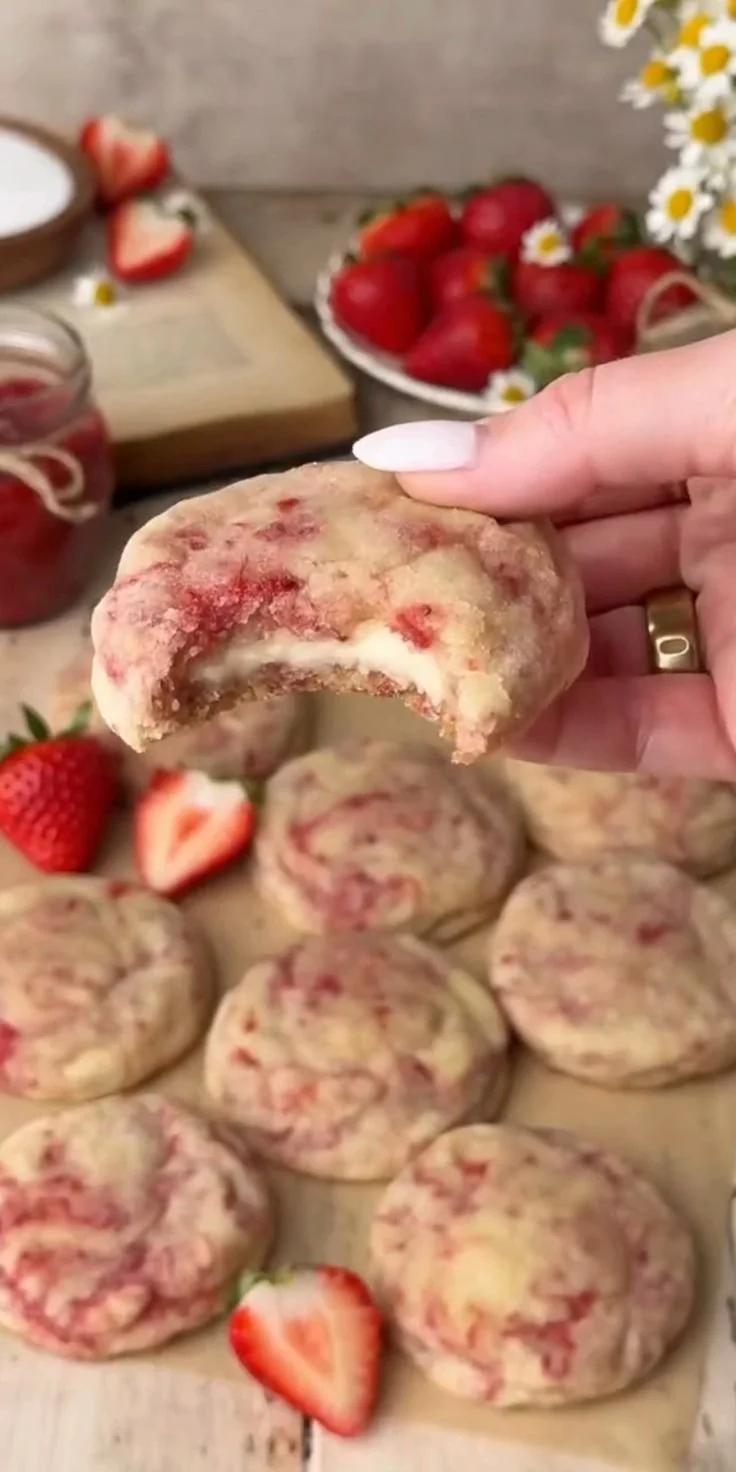 Delicious strawberry cheesecake cookies on a rustic wooden table