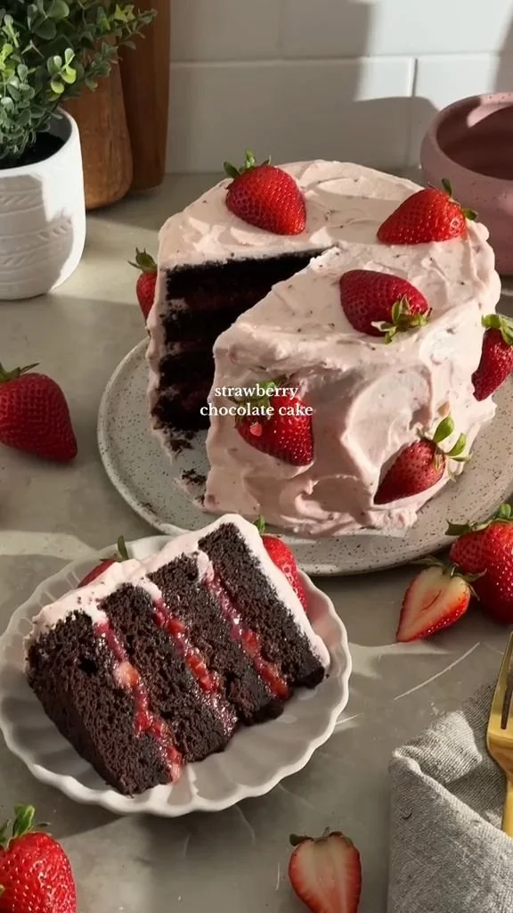 Deliciously rich Strawberry Chocolate Cake topped with fresh strawberries.