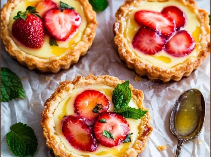 Strawberry honey custard tarts garnished with fresh strawberries